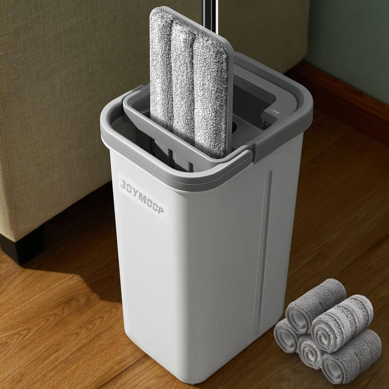 JOYMOOP Mop és vödör szett 5 mosható mikroszálas padlótörlő betéttel - 50" Mop + 5 Pads, White [Middle Bucket #13]