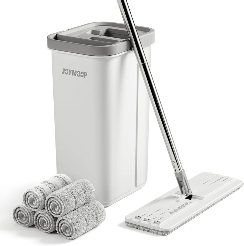 JOYMOOP Mop és vödör szett 5 mosható mikroszálas padlótörlő betéttel - 50" Mop + 5 Pads, White [Middle Bucket #13]
