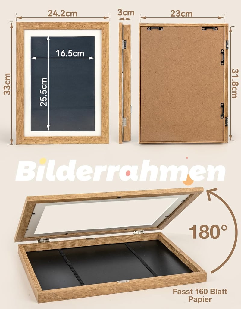 Joyshare A4 gyermekrajz fa képkeret tölgy színben 24 x 33 x 3 cm 1 darab, cserélhető rajzokhoz