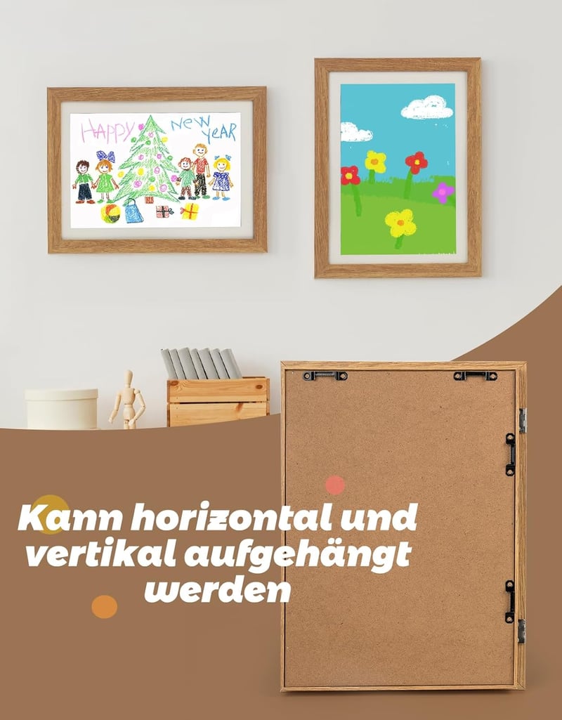 Joyshare A4 gyermekrajz fa képkeret tölgy színben 24 x 33 x 3 cm 1 darab, cserélhető rajzokhoz