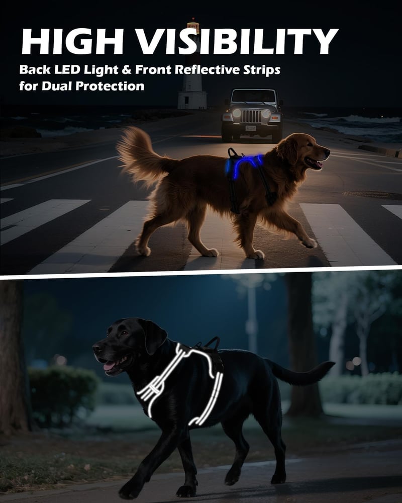Joytale LED kutya hám közepes kutyáknak, fényvisszaverő, töltethető, fekete-kék M