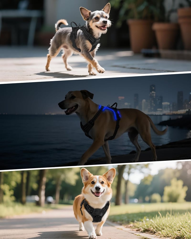 Joytale LED kutya hám közepes kutyáknak, fényvisszaverő, töltethető, fekete-kék M