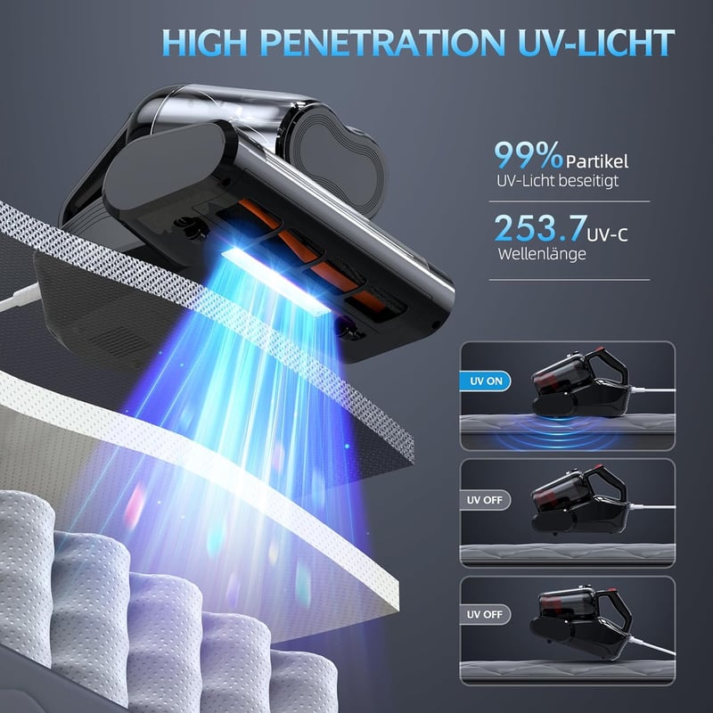 JPHYLL Ágyi Porszívó UV-C Fénnyel Matrac Tisztító 16 kPa Szívóerő HEPA Szűrő Meleg Levegő Funkció Atka Eltávolító 600W