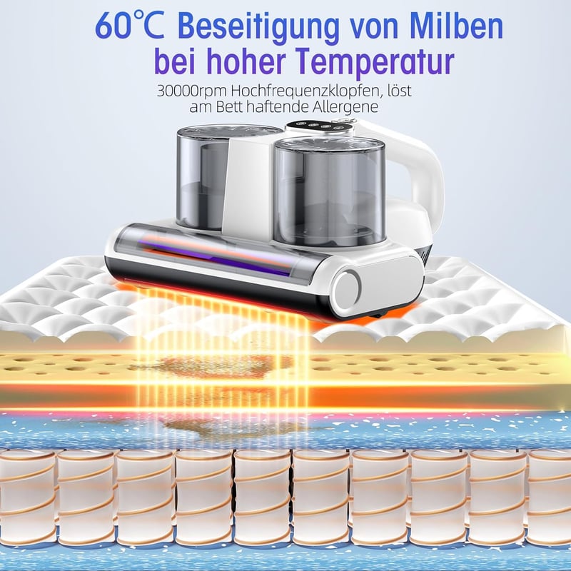 JPHYLL Ágyi Porszívó UV Fénnyel 16 kPa Szívóerő Ultrahangos HEPA Szűrő Forró Levegő Funkció Matrac Porszívó Atkák Allergiák Ellen 500W