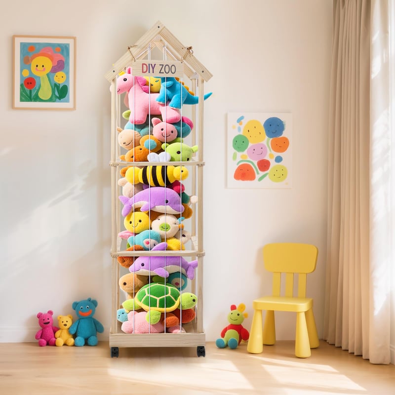 Jradse Úložný box na plyšové hračky 146x47x35 cm, úložný priestor z masívneho dreva s uzamykateľnými 360° kolieskami do detskej izby, obývačky a spálne