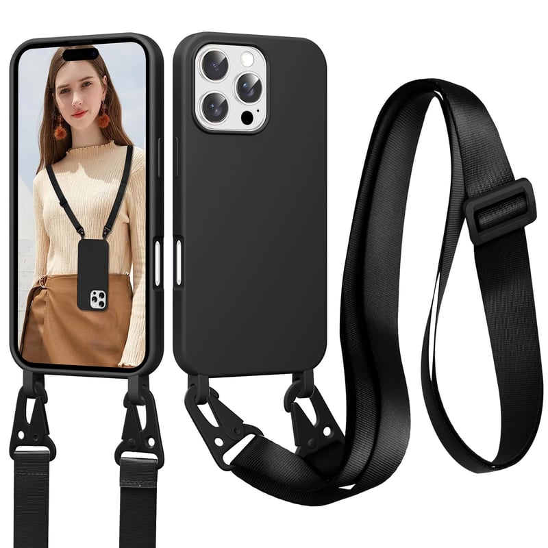 Husă Jrkvniv pentru iPhone 15 Pro cu șnur, Negru - Husă pentru telefon mobil cu cordon, Husă cu curea de mână