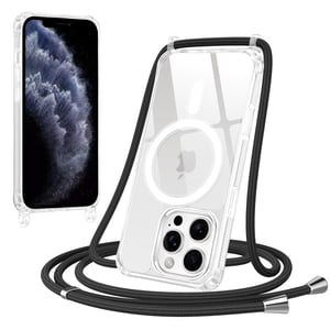 Jrkvniv magnetska prozirna maska za iPhone 11 Pro Max s trakom za nošenje oko vrata, kompatibilna s MagSafe-om, tanka silikonska TPU maska otporna na udarce s odvojivom vezicom, crna