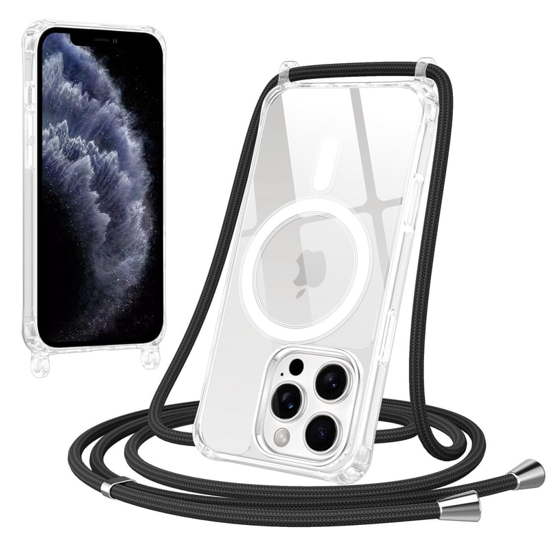Magnetický priehľadný kryt na iPhone 11 Pro Max s popruhom na krk, kompatibilný s MagSafe, tenký silikónový TPU zadný kryt odolný voči nárazom s odnímateľnou šnúrkou, čierny