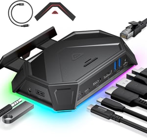 Docking station JSAUX RGB 12 în 1 pentru Steam Deck OLED, ROG Ally, Legion Go, 4K 120Hz, HDMI, DP, Gigabit Ethernet, USB-C 3.2, USB-A 3.2/2.0, SD, TF, 3.5mm, negru