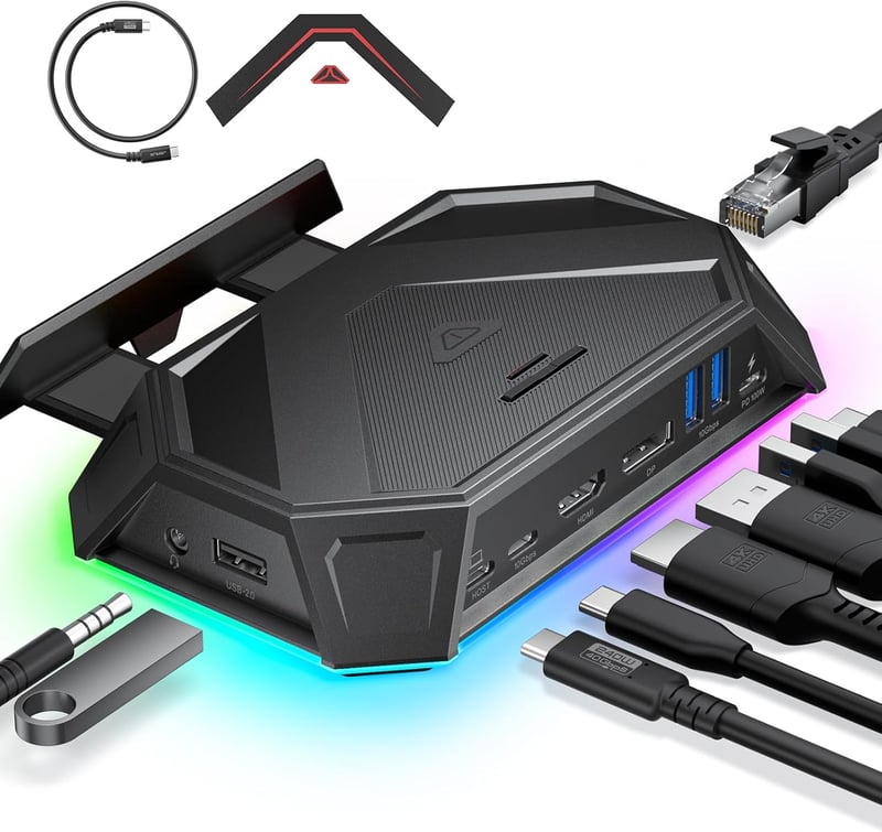 Docking station JSAUX RGB 12 în 1 pentru Steam Deck OLED, ROG Ally, Legion Go, 4K 120Hz, HDMI, DP, Gigabit Ethernet, USB-C 3.2, USB-A 3.2/2.0, SD, TF, 3.5mm, negru