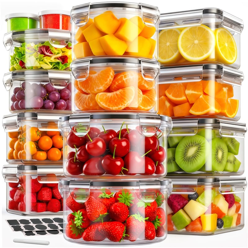 JSCORES set od 28 posuda za čuvanje hrane s poklopcima, XXL set (14 posuda i 14 poklopaca), 400ml/700ml/1200ml, bez BPA, prozirne kuhinjske posude za pripremu obroka