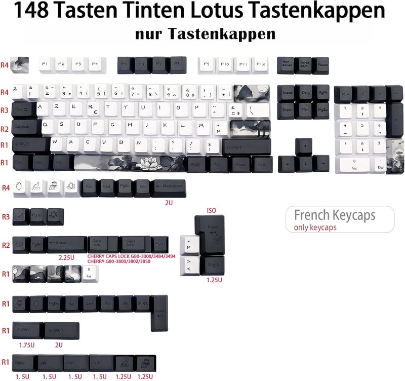 JSJT Ink Lotus ISO Francia PBT Keycaps OEM profil Cherry MX mechanikus billentyűzethez