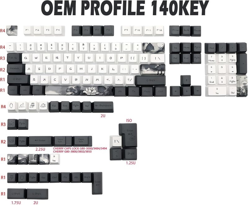 JSJT Ink Lotus PBT Mechanikus Billentyűzet Keycap szett 140 gomb OEM profil