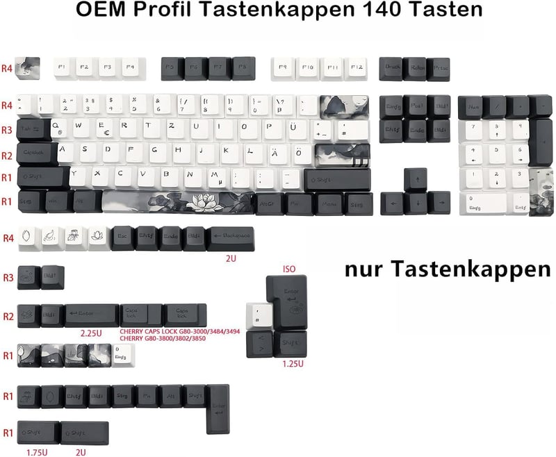 JSJT Ink Lotus PBT OEM Billentyűzet Keycap Készlet 140 Gomb Német Kiosztás