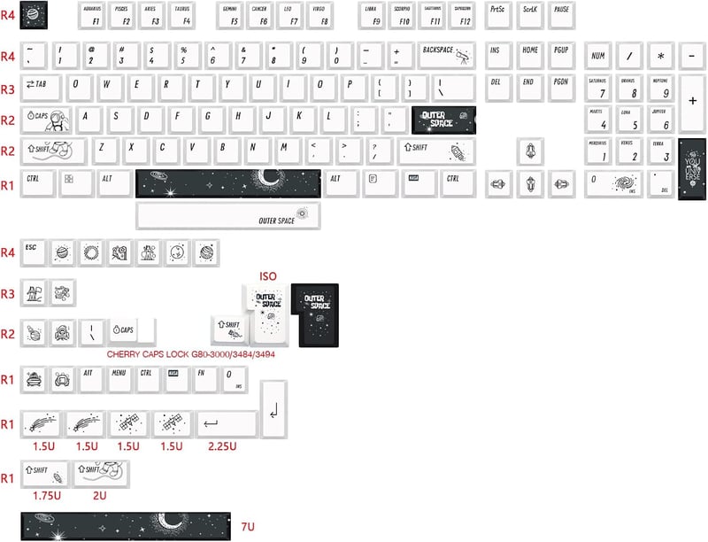JSJT Space Theme PBT Keycaps 138 Billentyű Cherry Profile Mechanikus Billentyűzet