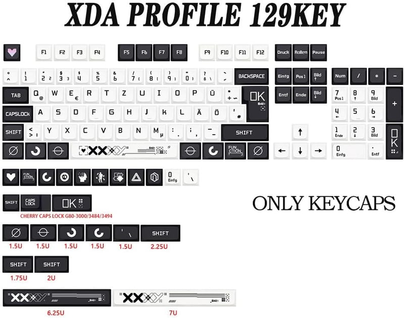 JSJT XDA Profil Fekete-Fehér Mechanikus Billentyűzet Keycap szett 129 gomb