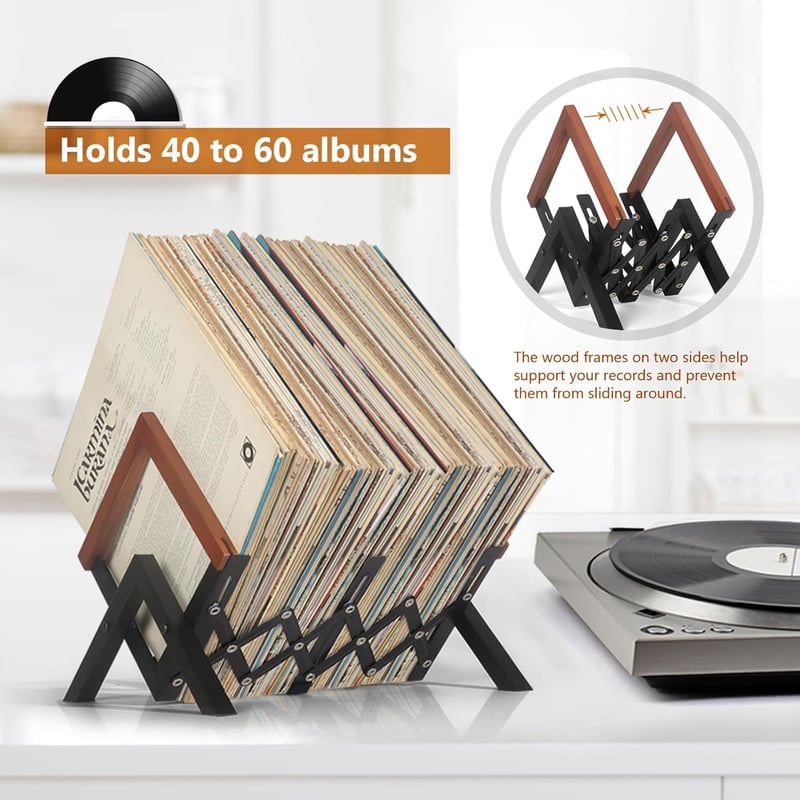 JSVER Bővíthető Lemez Tároló Állvány - Fekete Vas Polc Vinylekhez, Albumokhoz és Könyvekhez, 60 LP Kapacitással