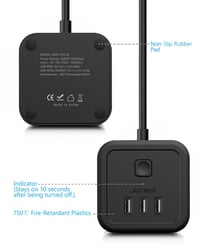 Cub prelungitor JSVER cu USB, priză cub de birou cu 3 ieșiri și 3 porturi USB, 3680W/16A cu întrerupător, pentru birou, acasă, călătorii, cablu de 3 m, negru 6