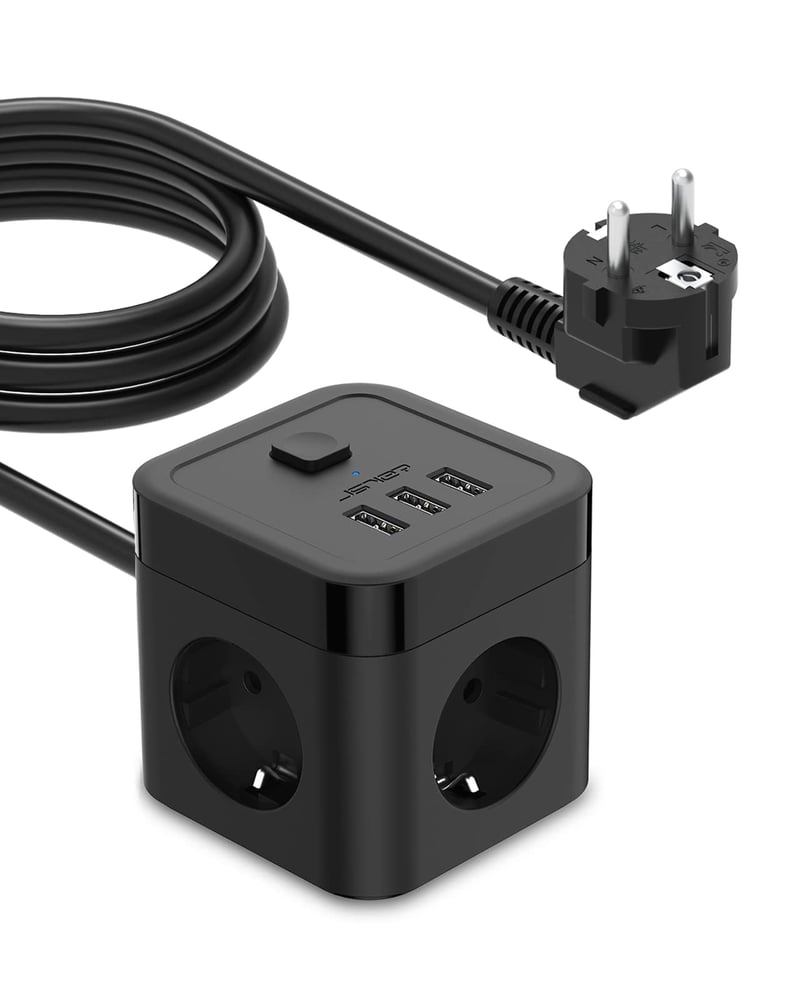 Cub prelungitor JSVER cu USB, priză cub de birou cu 3 ieșiri și 3 porturi USB, 3680W/16A cu întrerupător, pentru birou, acasă, călătorii, cablu de 3 m, negru