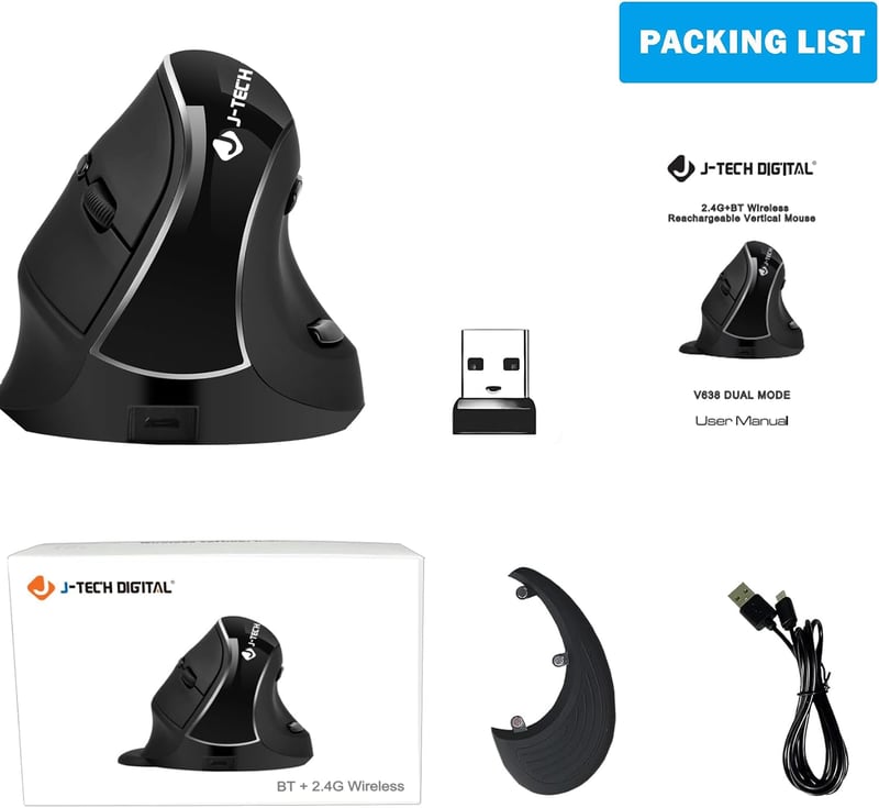 JTD Wireless Ergonomikus Függőleges Egér Bluetooth 2.4G Újratölthető 2400 DPI