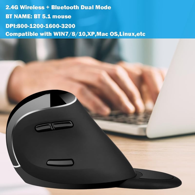 JTD Wireless Ergonomikus Függőleges Egér Bluetooth 2.4G Újratölthető 2400 DPI