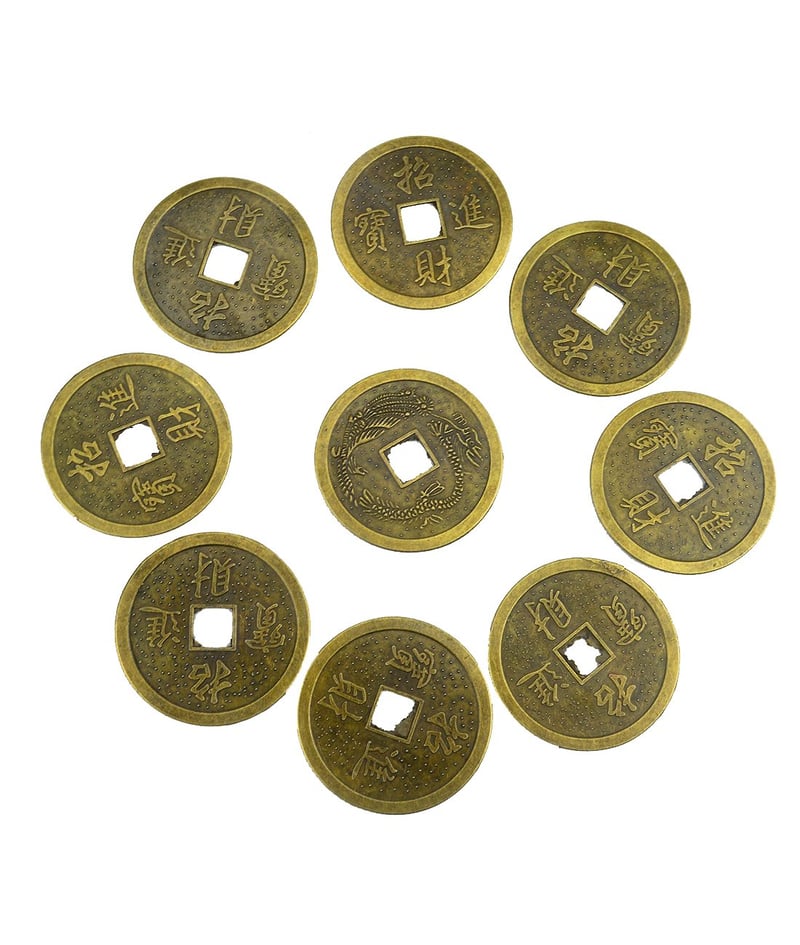 Juanxian 9 komada Feng Shui Zmaj i Feniks I Ching Kovanice sreće s vrećicama za poklone - 4,4 cm Zlatni Metalni Talisman za Dom, Novčanik