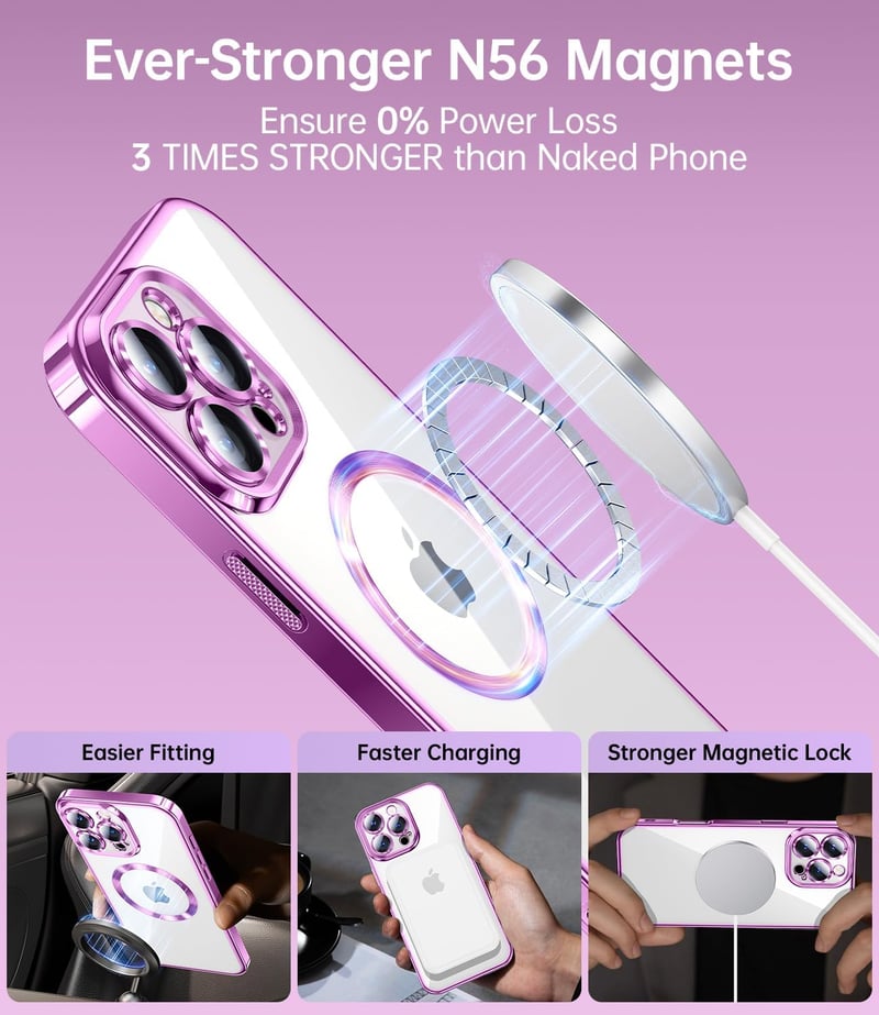 Jueshituo Set husă 3-în-1 pentru iPhone 16 Pro cu folie de protecție, standard militar, compatibilă MagSafe, carcasă magnetică antișoc, roz
