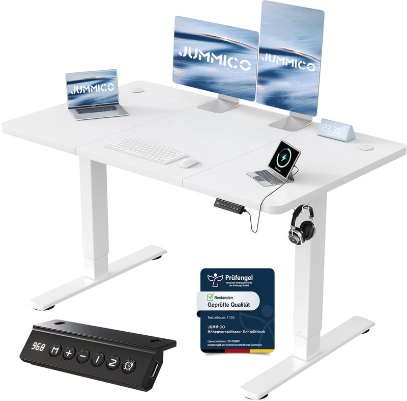 JUMMICO Állítható Magasságú Íróasztal 120x60 cm USB-A Csatlakozóval, Ergonomikus Számítógépasztal Otthoni Irodába