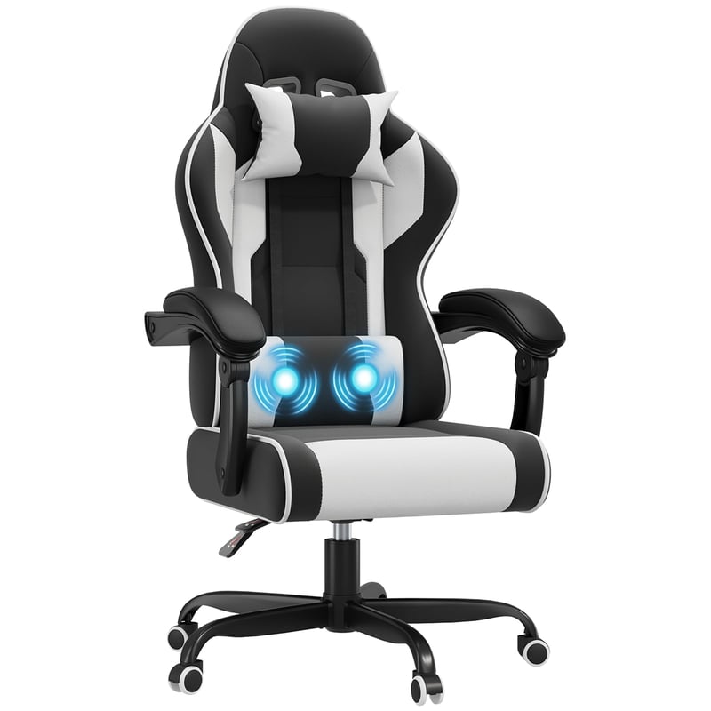 Herné kreslo JUMMICO s masážnou funkciou, 50 cm širokým sedadlom, ergonomická kancelárska otočná stolička, sklopné operadlo do 135°, nosnosť 150 kg, biele