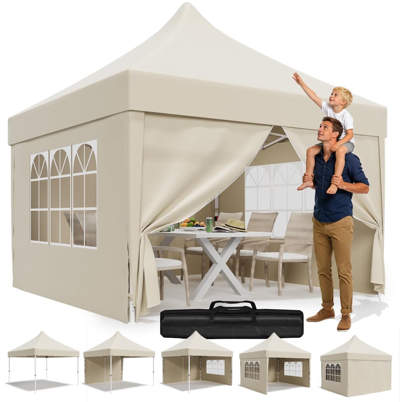 Cort pliabil de grădină pentru camping JUMMICO 3x3 m, cu acoperiș înalt, rezistent la apă, protecție UV50+, pereți laterali bej, rezistent la iarnă