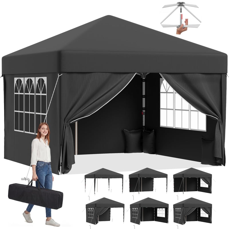 Foișor pliabil de grădină JUMMICO 3x3 m, impermeabil, UV 50+, cu pereți laterali, montare rapidă, pentru evenimente în grădină și camping, gri închis
