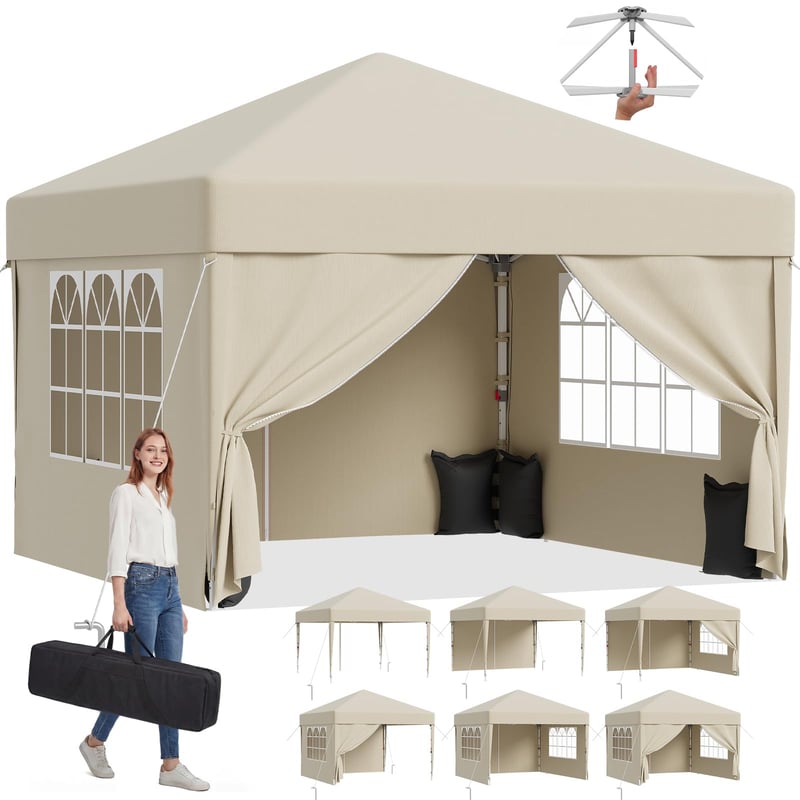 JUMMICO Pop-up Pavilon 3x3 m Vízálló Téli UV 50+ Oldalfalakkal Kerti Sátor Összecsukható Rendezvénysátor Beige
