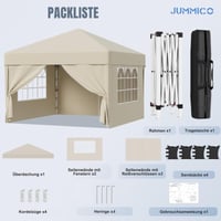JUMMICO Pop-up Pavilon 3x3 m Vízálló Téli UV 50+ Oldalfalakkal Kerti Sátor Összecsukható Rendezvénysátor Beige 6
