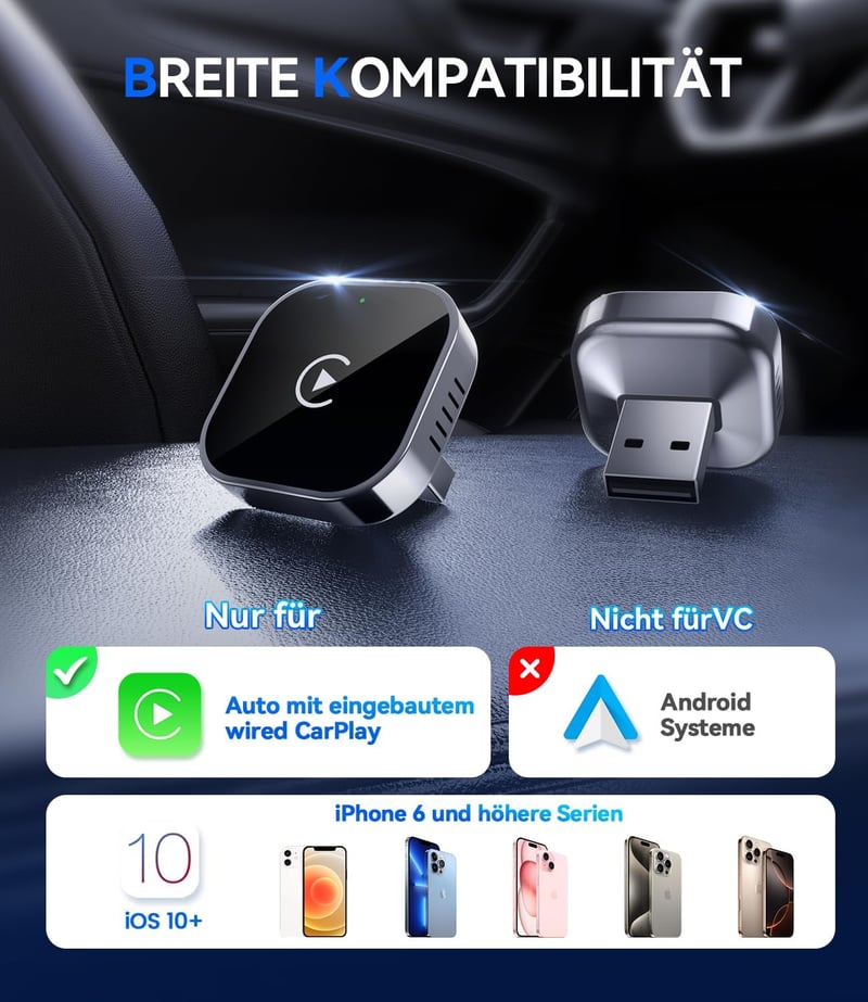 Jumpeak vezeték nélküli CarPlay adapter iPhone-hoz, mini Plug and Play vezetékes CarPlay kompatibilis autóhoz