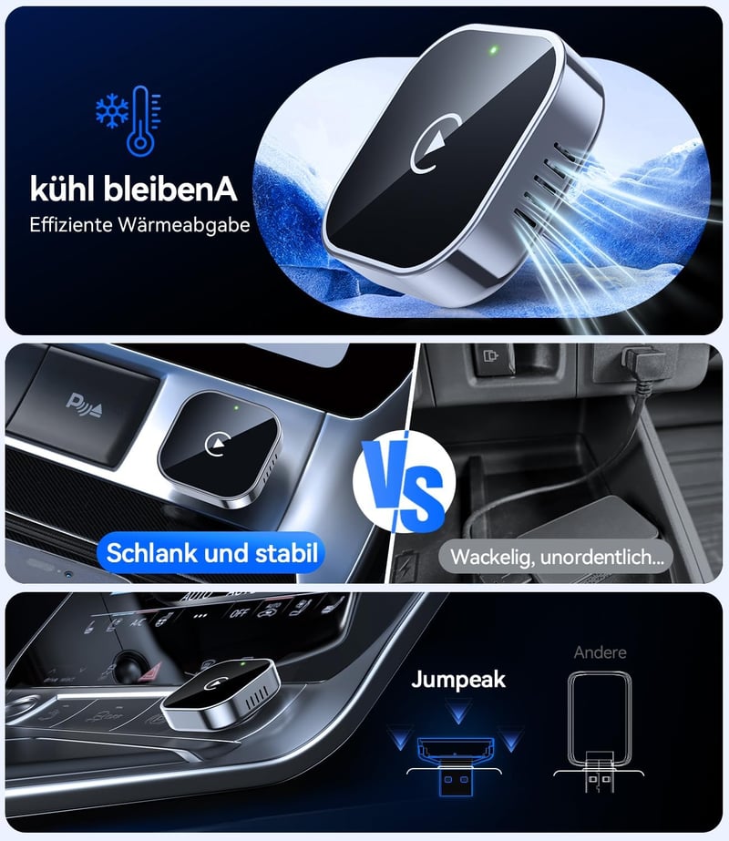 Jumpeak vezeték nélküli CarPlay adapter iPhone-hoz, mini Plug and Play vezetékes CarPlay kompatibilis autóhoz