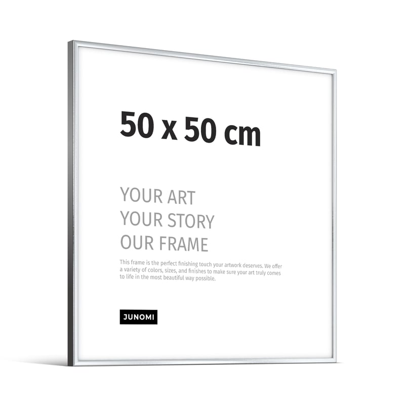 JUNOMI moderný rám na plagáty 50 x 50 cm s úzkym hliníkovým rámom v lesklej striebornej farbe, s nerozbitným akrylovým sklom na fotografie a obrázky