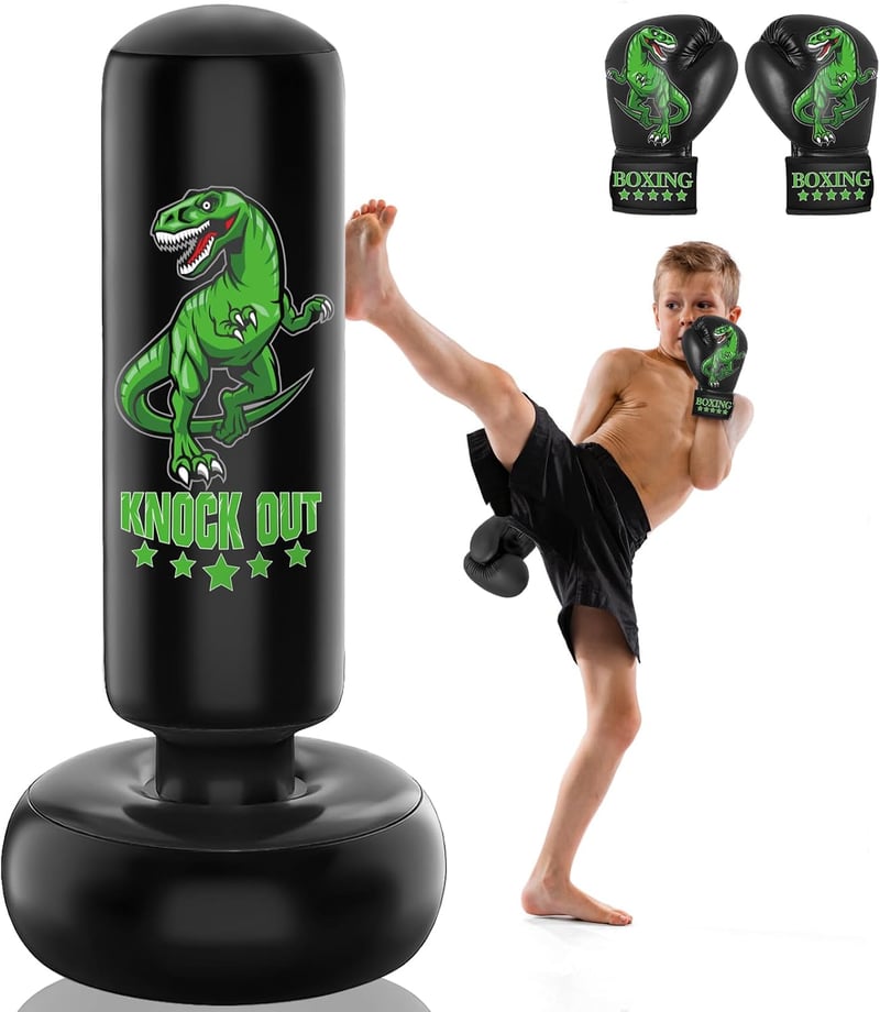JUOIFIP 160 cm Álló Boxzsák Dinoszaurusz Boxkesztyűvel Gyerekeknek Kickbox Karate Edzéshez