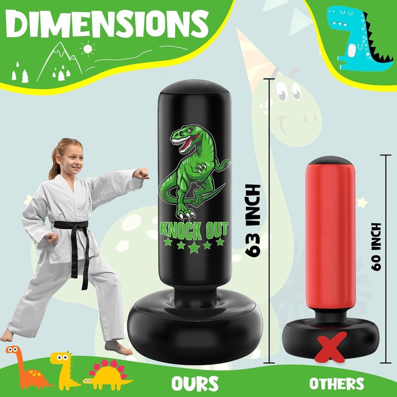 JUOIFIP 160 cm Álló Boxzsák Dinoszaurusz Boxkesztyűvel Gyerekeknek Kickbox Karate Edzéshez