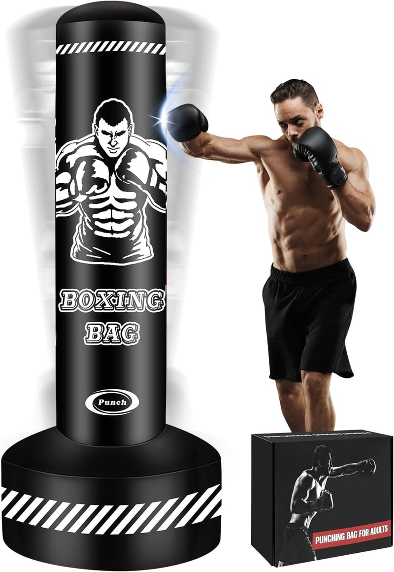 JUOIFIP 180 cm-es álló boxzsák felnőtteknek MMA edzéshez állvánnyal - Black and White, 170cm x 50cm, One piece boxing sandbag