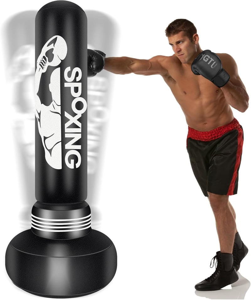 JUOIFIP Szabadon Álló Boxzsák Felnőtteknek 175 cm - Edzőállvánnyal, MMA, Muay Thai, Kung Fu Edzéshez, Fekete Vinyl Borítással