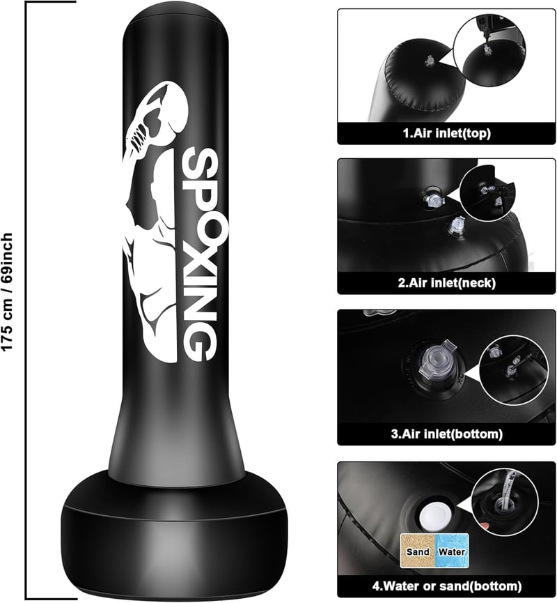 JUOIFIP Szabadon Álló Boxzsák Felnőtteknek 175 cm - Edzőállvánnyal, MMA, Muay Thai, Kung Fu Edzéshez, Fekete Vinyl Borítással