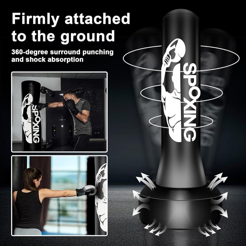 JUOIFIP Szabadon Álló Boxzsák Felnőtteknek 175 cm - Edzőállvánnyal, MMA, Muay Thai, Kung Fu Edzéshez, Fekete Vinyl Borítással