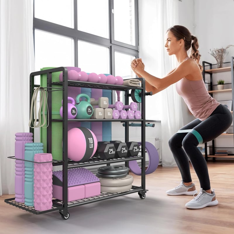 Jusgym 4 szintes hantel állvány kerekekkel és horogokkal