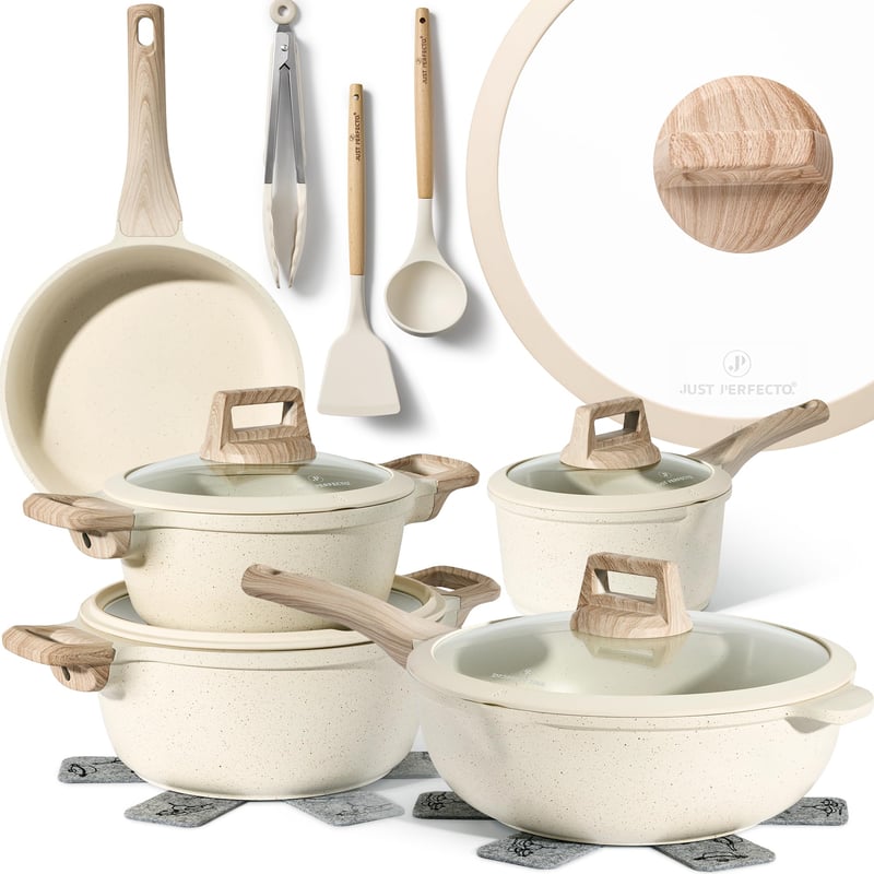 Set de oale cu inducție JUST PERFECTO, 14 piese cu capace, 28 cm, fără PTFE și PFOA, protecție din silicon împotriva zgârieturilor, bej