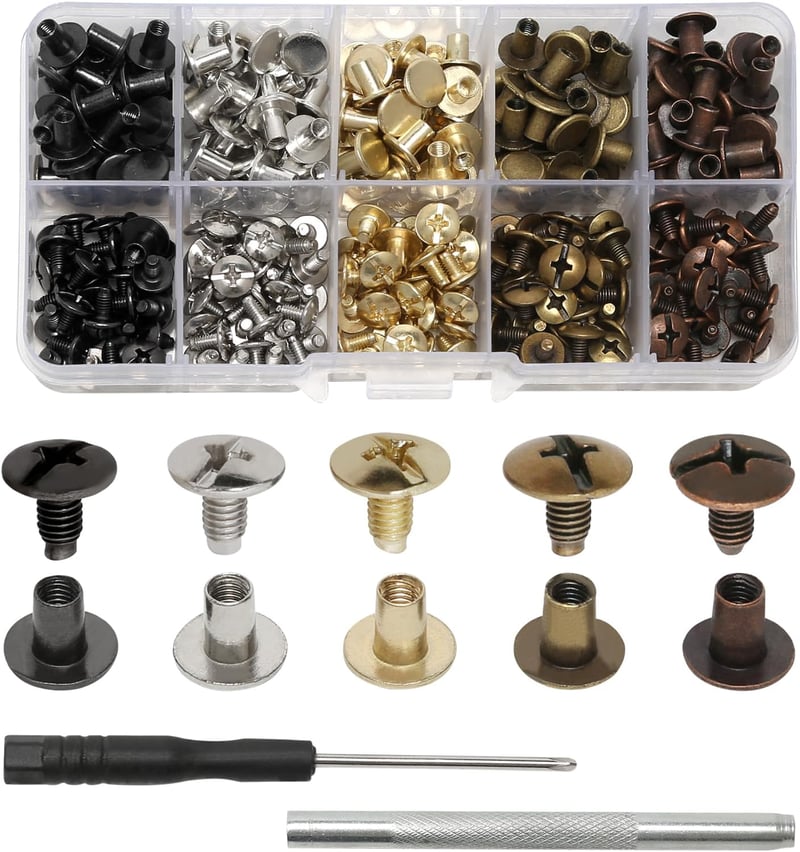 Juyibaao 150 db-os Chicago csavar készlet, M5x6/8mm, bőrmunkához, könyvkötéshez, albumokhoz, 5 színben, szerszámokkal