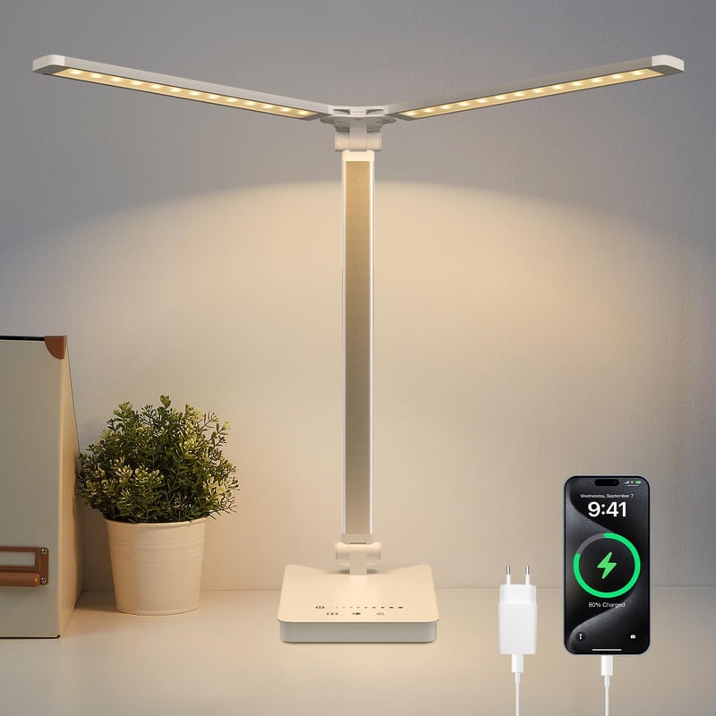 Lampă de birou LED JVURICE albă, cu baterie de 4000 mAh, 5 temperaturi de culoare și 10 niveluri de luminozitate, reglabilă, control tactil, USB, temporizator, pentru camera copiilor și birou