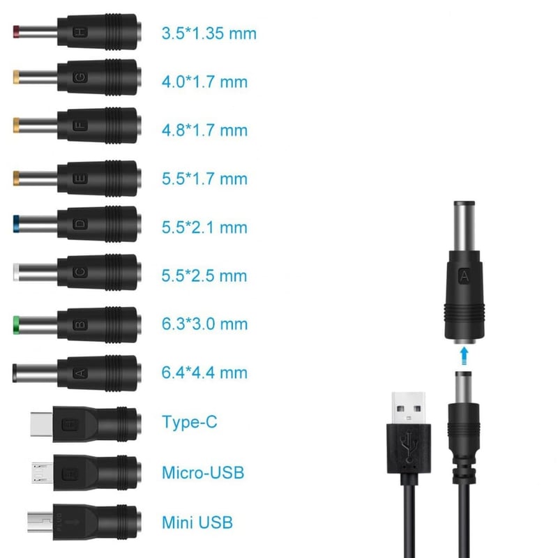 JZK Univerzális USB-DC Kábel 11 Cserélhető Adapterrel - 5.5x2.1mm - Laptop, Router, LED Eszközök, Töltők Kompatibilis Csatlakozókészlet