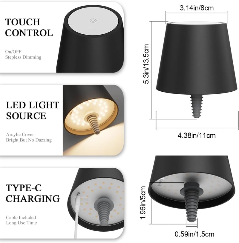 K-Bright LED Palack Lámpa - Tölthető, Érintésvezérelt, Szabályozható Fényerejű Asztali Lámpa, 5200 mAh, IP54 Vízálló, Beltéri-Kültéri, 3000K