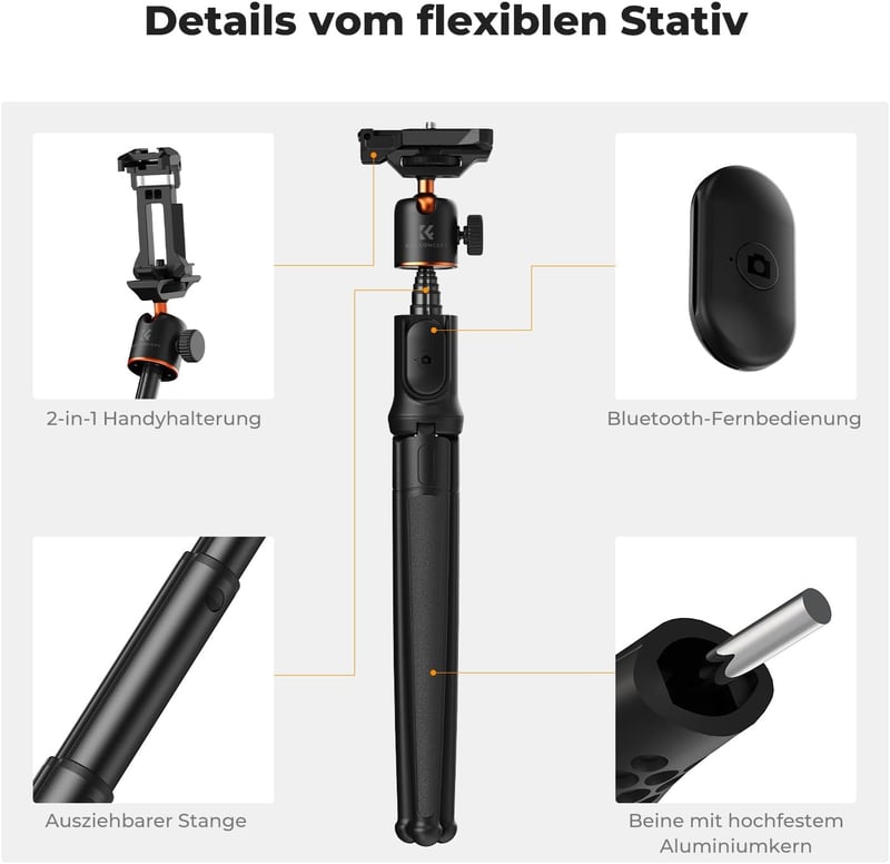 K&F CONCEPT Flexibilis Telefon Tripod Selfie Stick Távirányítóval iPhone Samsung - 60 cm