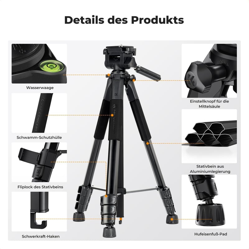 K&F CONCEPT S254A3 Könnyű Kamera Tripod 172cm, Telefontartóval és Táskával - 172 cm, With 2-in-1 holder